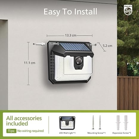 Philips Solar Lights Motion Sensor Outdoor, 120 LEDs Solar Powered Security Lights, 3 Lighting Modes, Waterproof Wall Lights for Outside Yard Fence Garden Garage