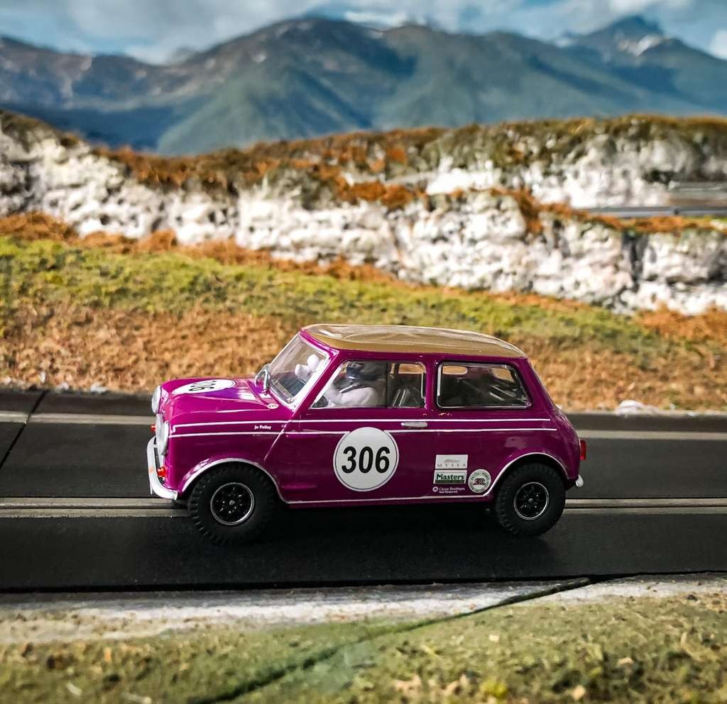 Scalextric C4545 Austin Mini Cooper S, Jo Polley's purple & gold touring car