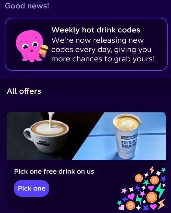 Octopus Free Coffee Codes Now Issued Daily (Use Once Per Week) At Greggs / Caffe Nero