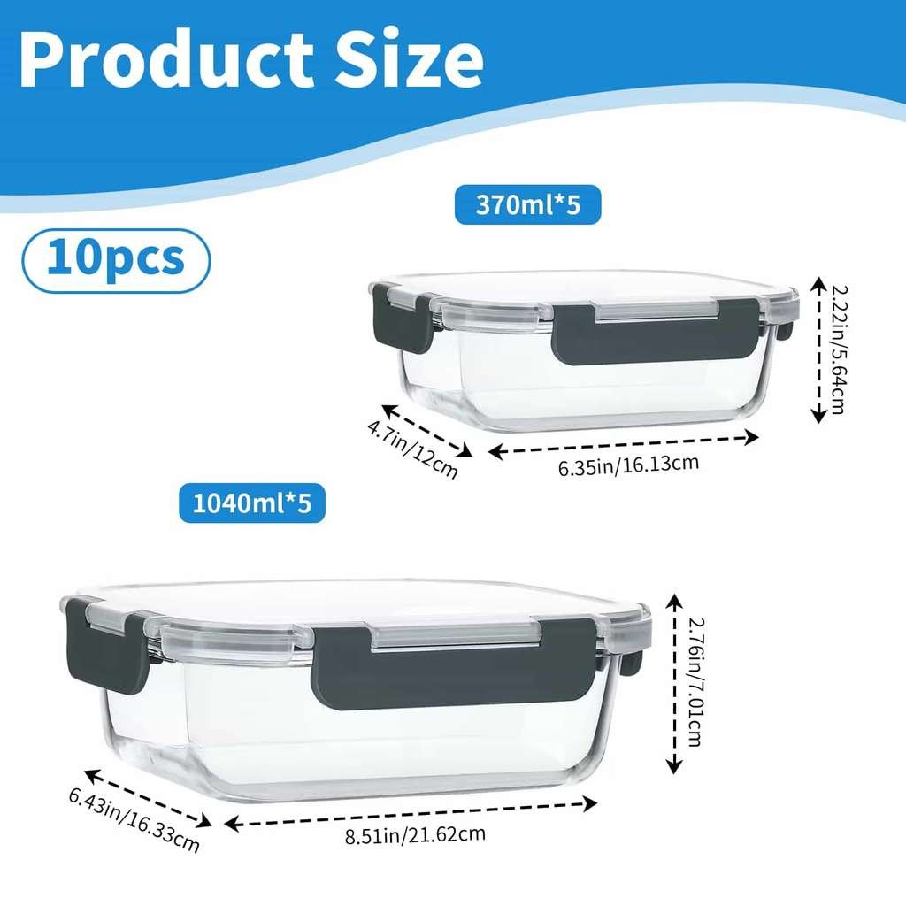 10-Pack Glass Meal Prep Containers with Airtight Lids (5 x 1050ml and 5 x 370ml)