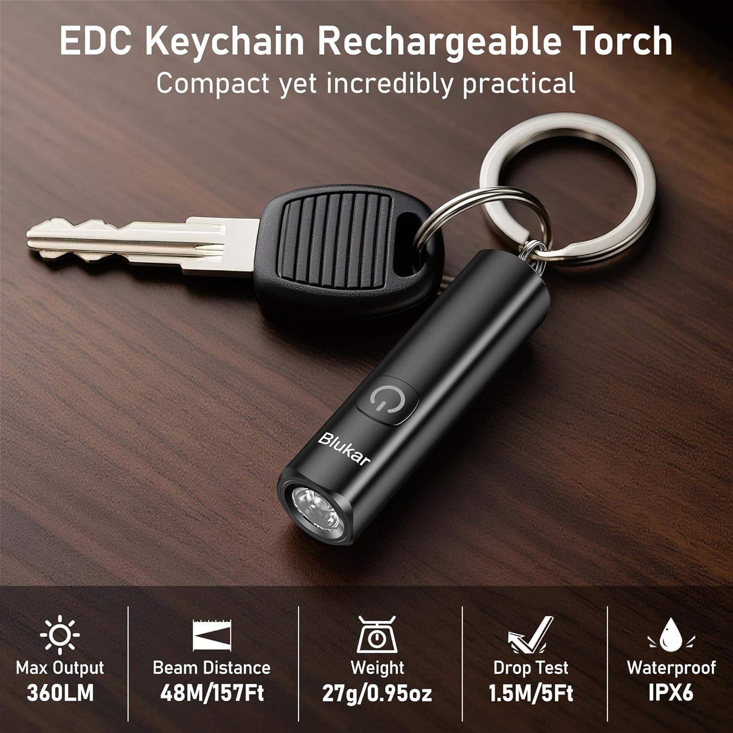 Blukar Mini Torch Rechargeable, EDC Keychain Small Flashlight with 3 Modes, IPX6