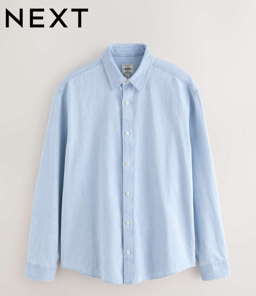 Next Men's 100% Cotton Bleach Denim Summer Shirt, Sizes XS to 5XL, Free Click and Collect