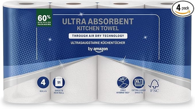 by Amazon Ultra Absorbent TAD Kitchen Roll, 4 Rolls (Pack of 1), 51 Sheets per Roll, FSC Certified