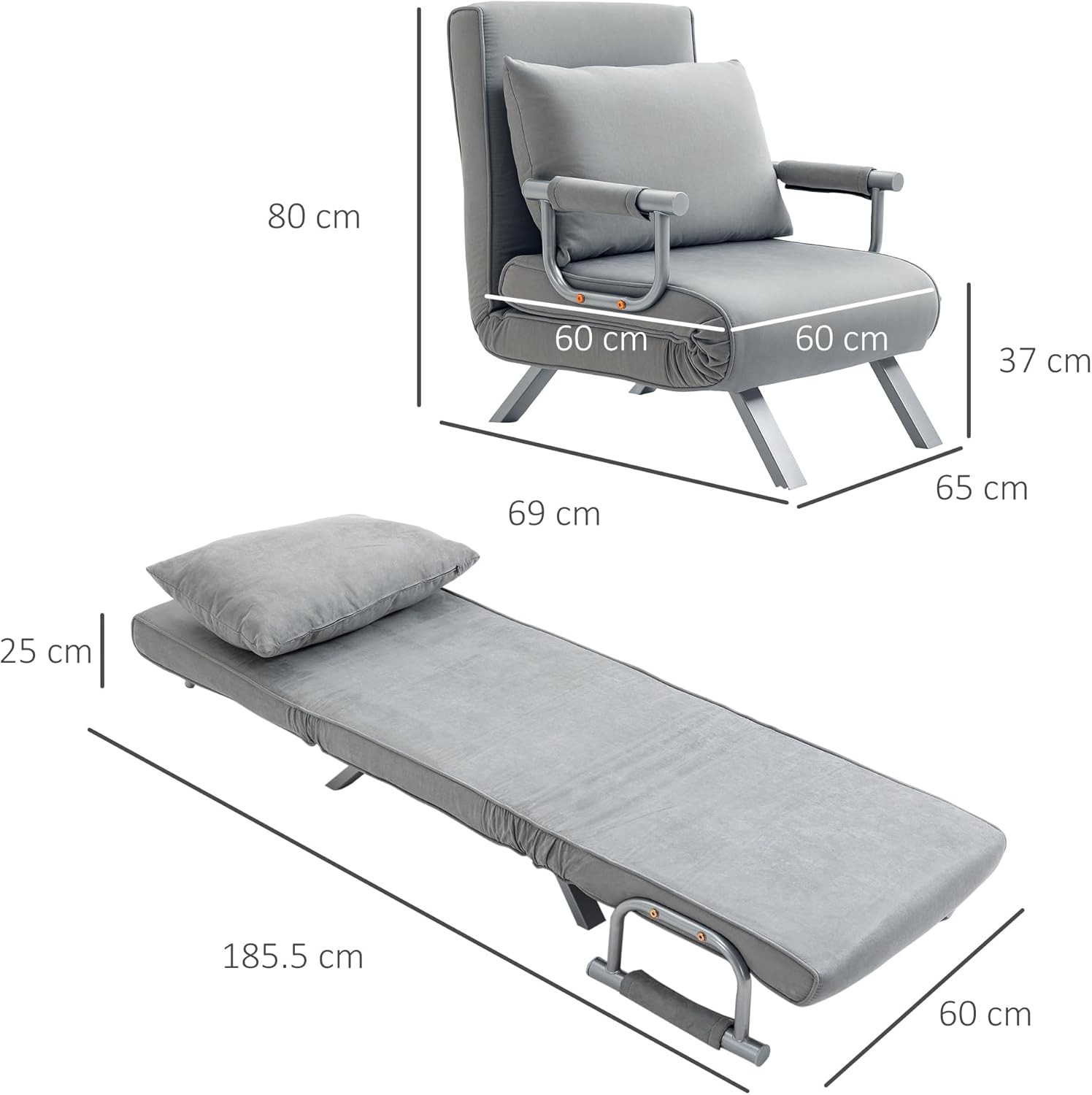HOMCOM Single Chair Bed Click Clack Convertible Settee Light Grey Faux Suede