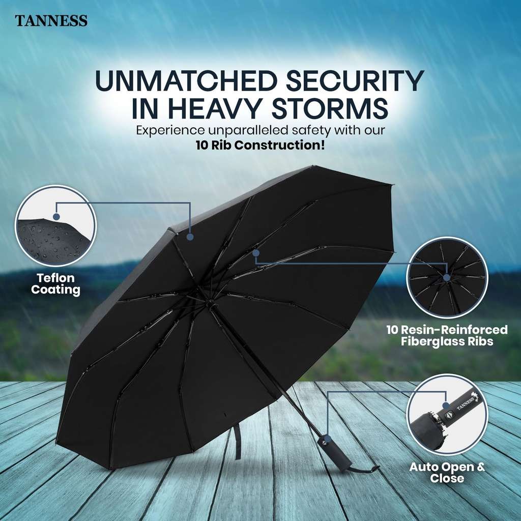 TANNESS black compact umbrella, 10-rib windproof & waterproof. Auto open/close, comfy handle