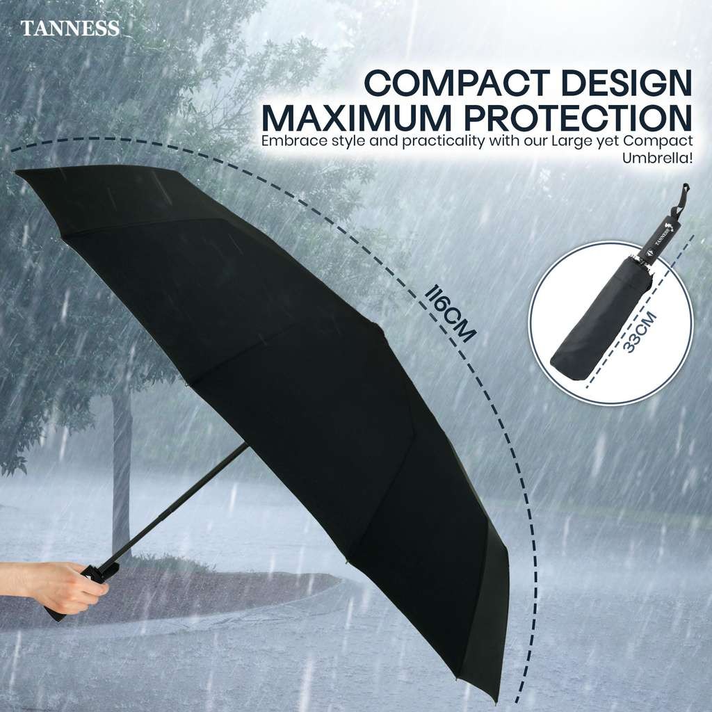 TANNESS black compact umbrella, 10-rib windproof & waterproof. Auto open/close, comfy handle