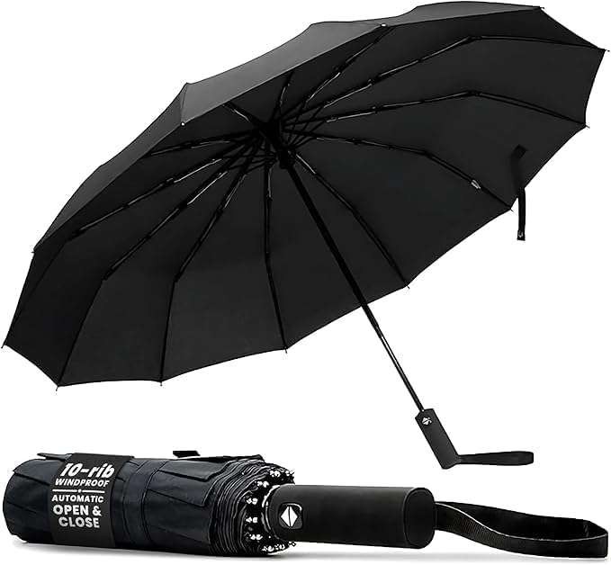 TANNESS black compact umbrella, 10-rib windproof & waterproof. Auto open/close, comfy handle