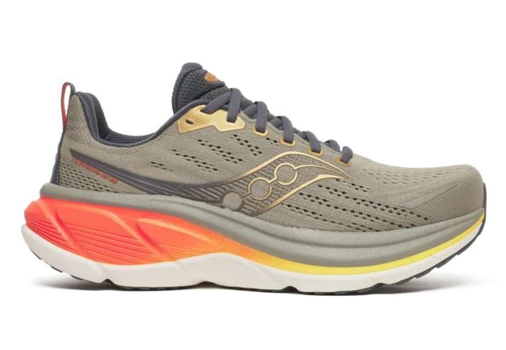 Saucony Hurricane 25 running trainers, taupe/fire, sizes 6-12 with code