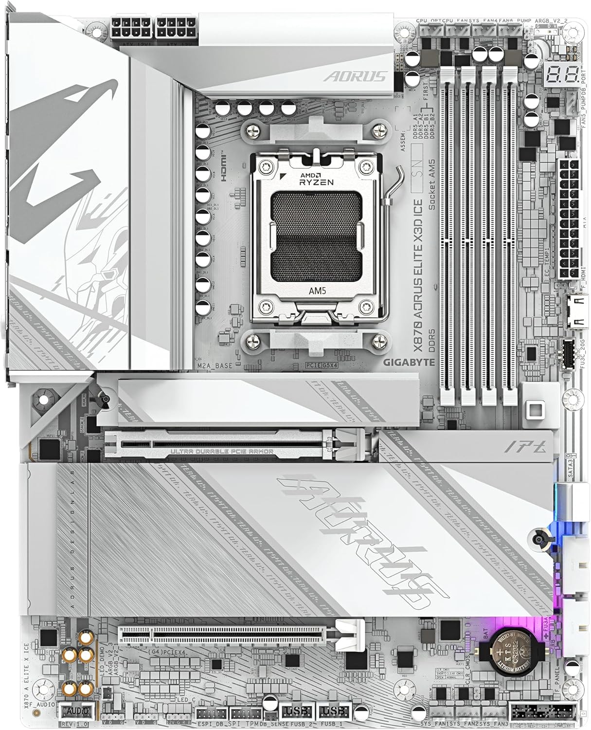 GIGABYTE X870 AORUS ELITE X3D ICE Motherboard, Supports AMD Ryzen 9000 CPUs, 16+2+2 Phases Digital VRM, up to 9000Hz DDR5 (OC), 2xPCIe 5.0 + 2xPCIe 4.0, Wi-Fi 7, 2.5GbE LAN, USB 4