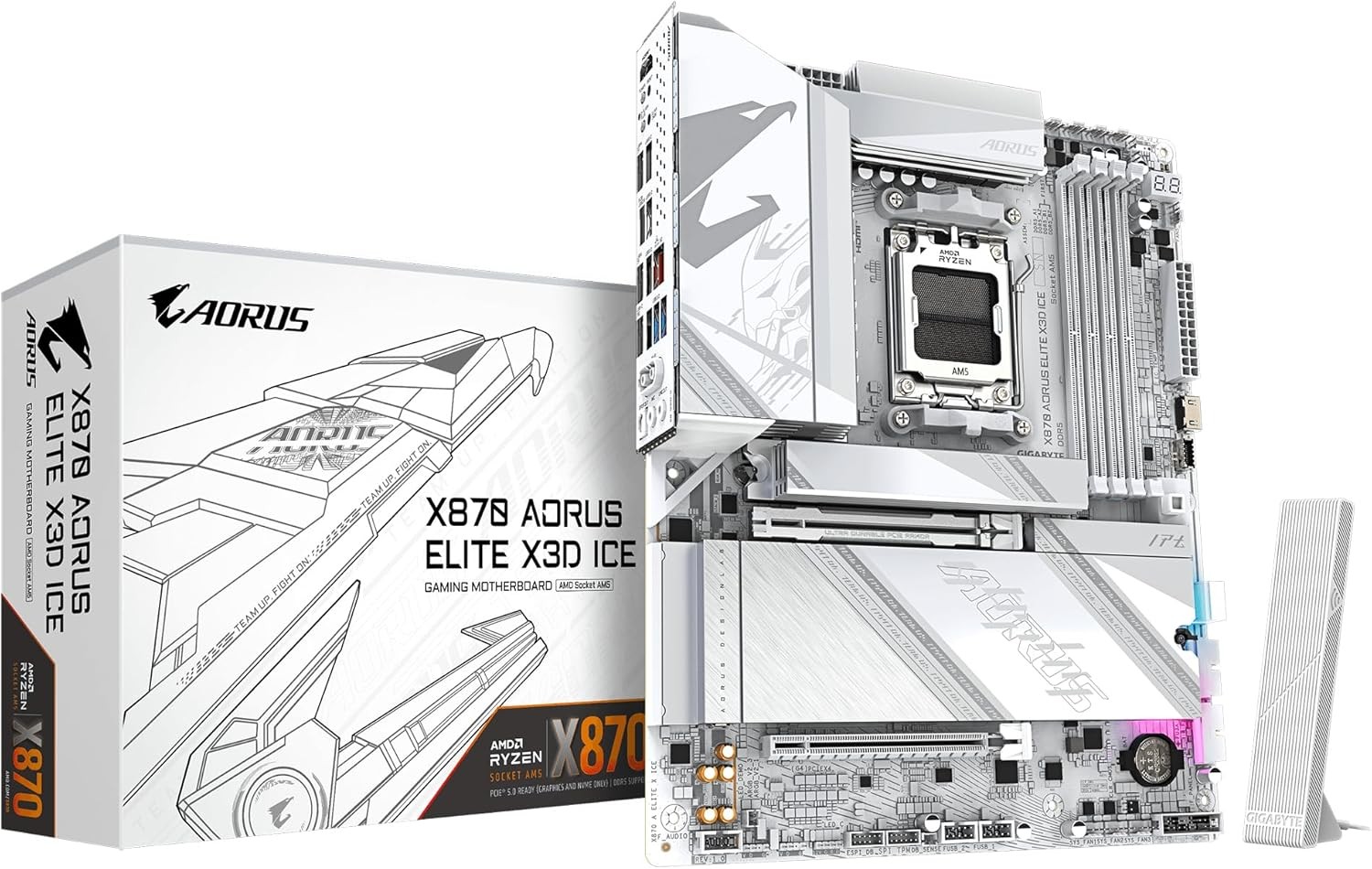 GIGABYTE X870 AORUS ELITE X3D ICE Motherboard, Supports AMD Ryzen 9000 CPUs, 16+2+2 Phases Digital VRM, up to 9000Hz DDR5 (OC), 2xPCIe 5.0 + 2xPCIe 4.0, Wi-Fi 7, 2.5GbE LAN, USB 4