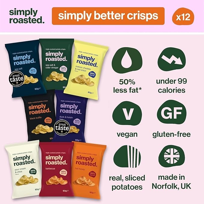 Simply Roasted Ultimate Mixed, 12 x 93g Sharer Bags, 50% Less Fat, Under 99 Calories Per Serve, Gluten & Allergen-Free, Amazon.co.uk