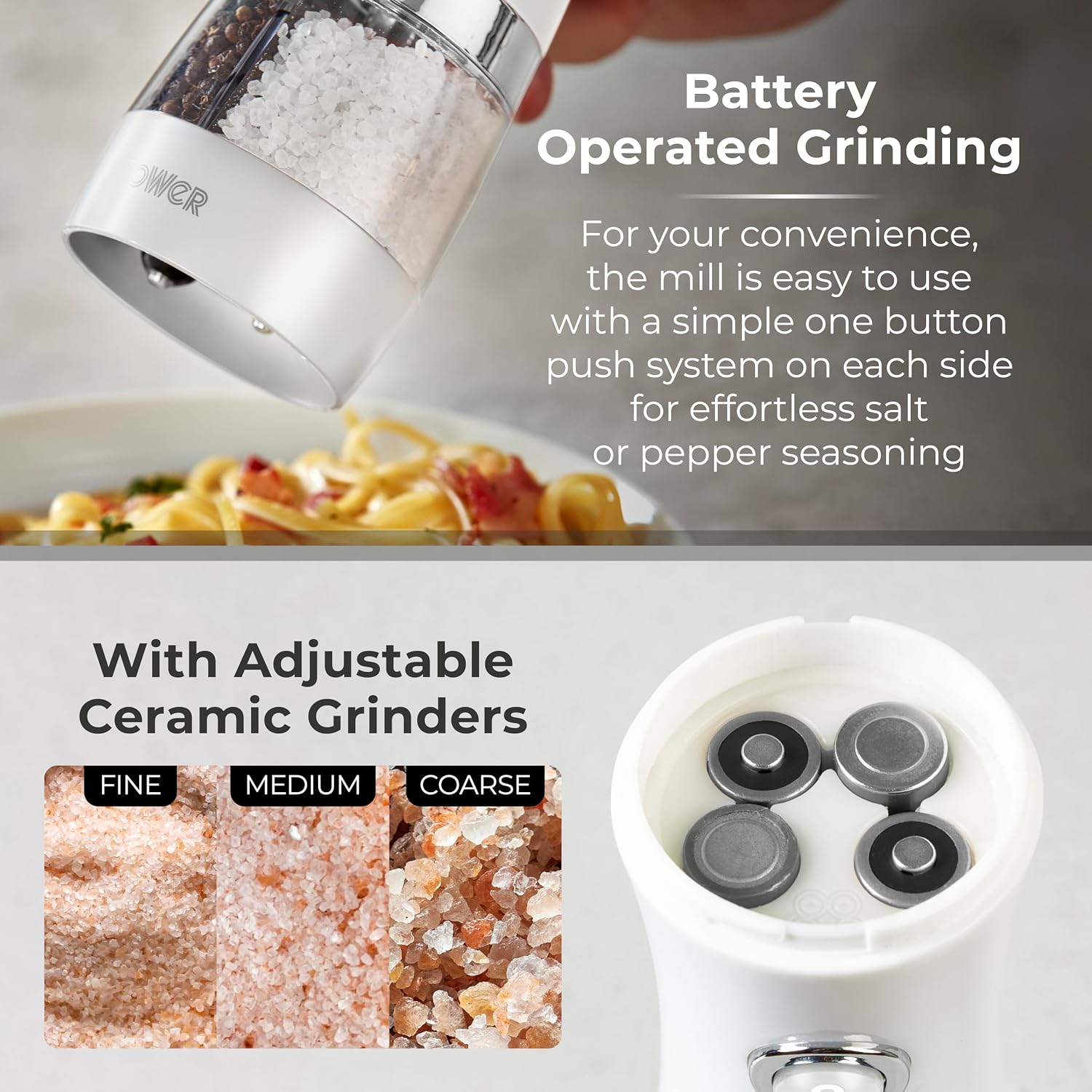 Tower T847004W Electric Duo Salt and Pepper Mills, Battery Operated with Adjustable Ceramic Grinders, Black and White