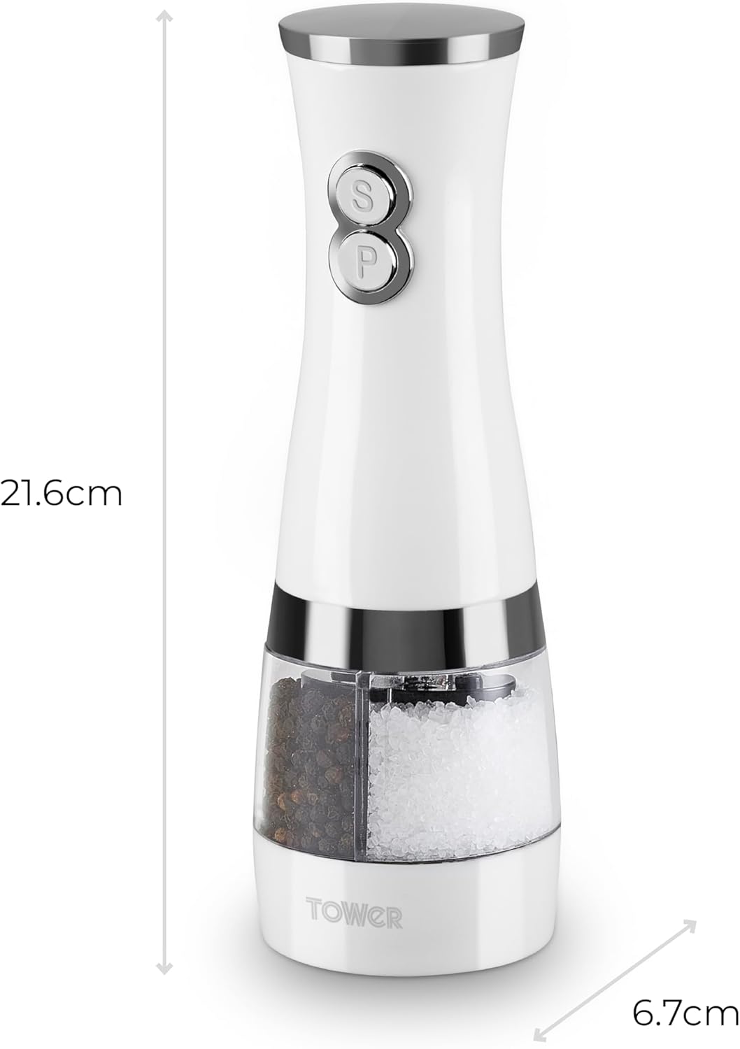 Tower T847004W Electric Duo Salt and Pepper Mills, Battery Operated with Adjustable Ceramic Grinders, Black and White
