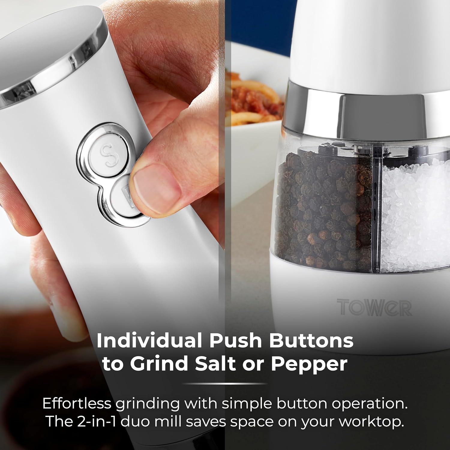 Tower T847004W Electric Duo Salt and Pepper Mills, Battery Operated with Adjustable Ceramic Grinders, Black and White