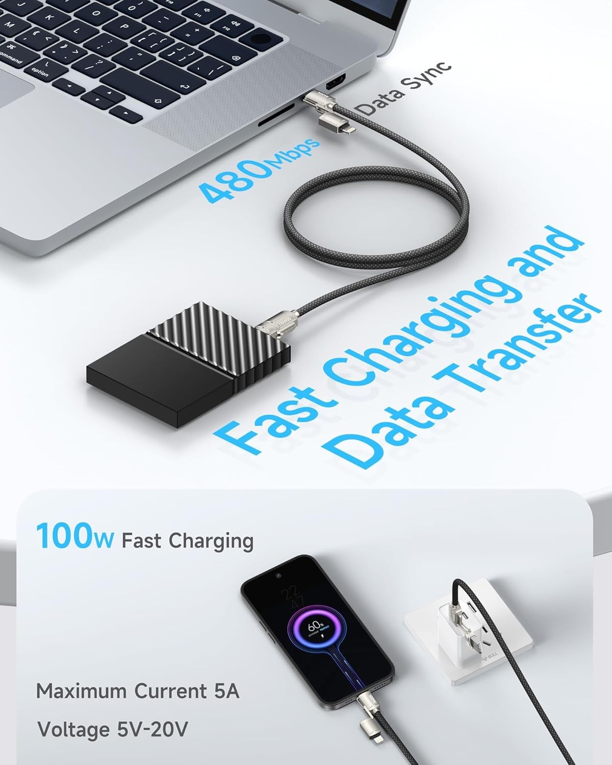 Ravidad Multi Charger Cable, 4 in 1 USB Fast Charging Cord 100W PD, 2m