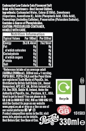 Pepsi Max No Sugar Cola Cans, 24 x 330ml