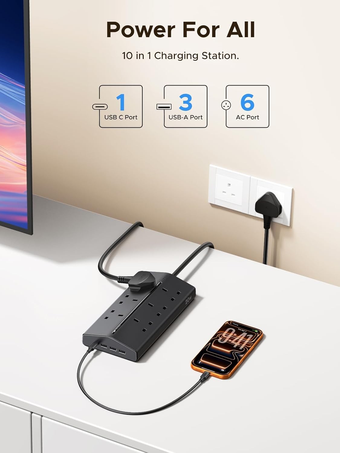UGREEN Extension Lead 1.5m, 6 Way Power Strip with 3 USB-A & 1 USB-C, 20W PD