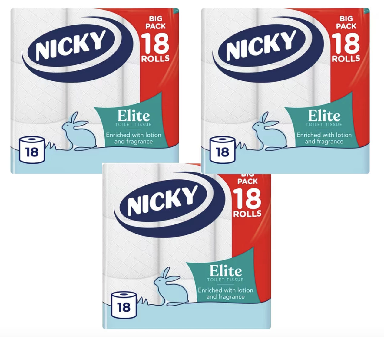 3 x Nicky Elite Scented Toilet Tissue - 18 Rolls, 3-ply, Talc Scent (54 rolls in total) - 3 for 2 Offer