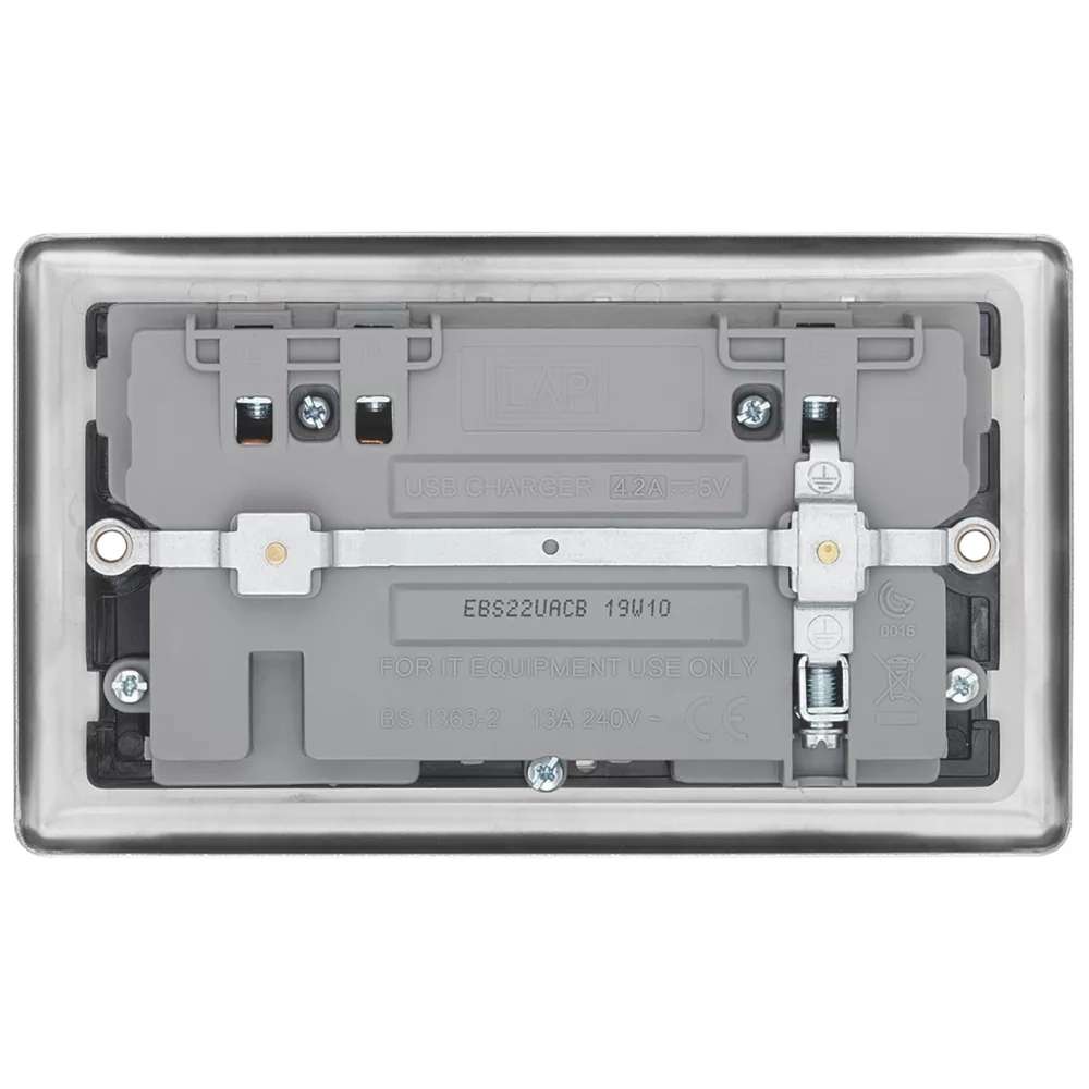 LAP 13A double socket with 4.2A 15W USB-A/C charger, brushed steel – Free C&C