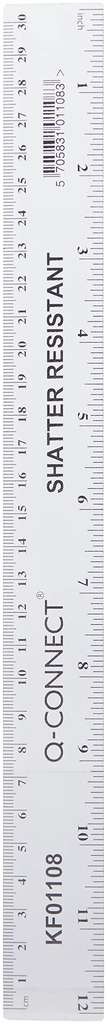 Q-Connect 300mm clear shatterproof ruler, handy for inches & cm/mm