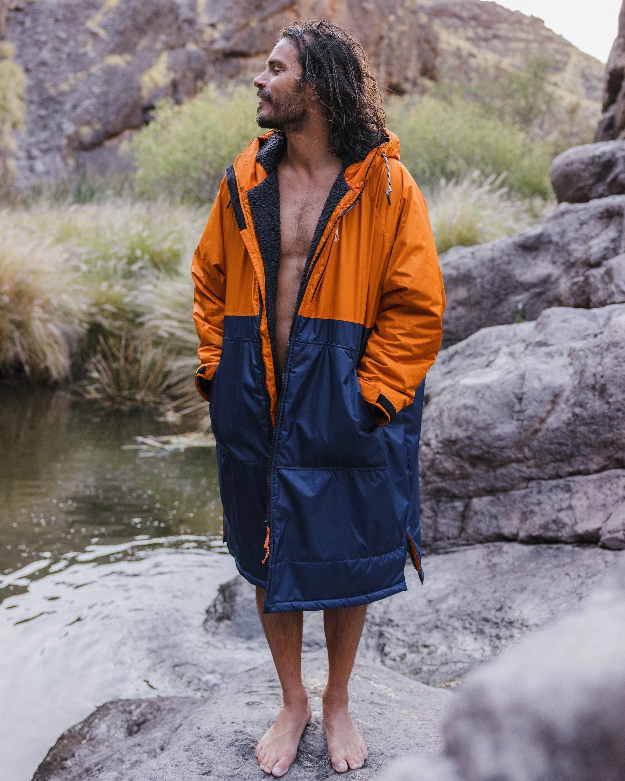 Waves Sherpa Lined Changing Robe, Sunrise Orange/Rich Navy