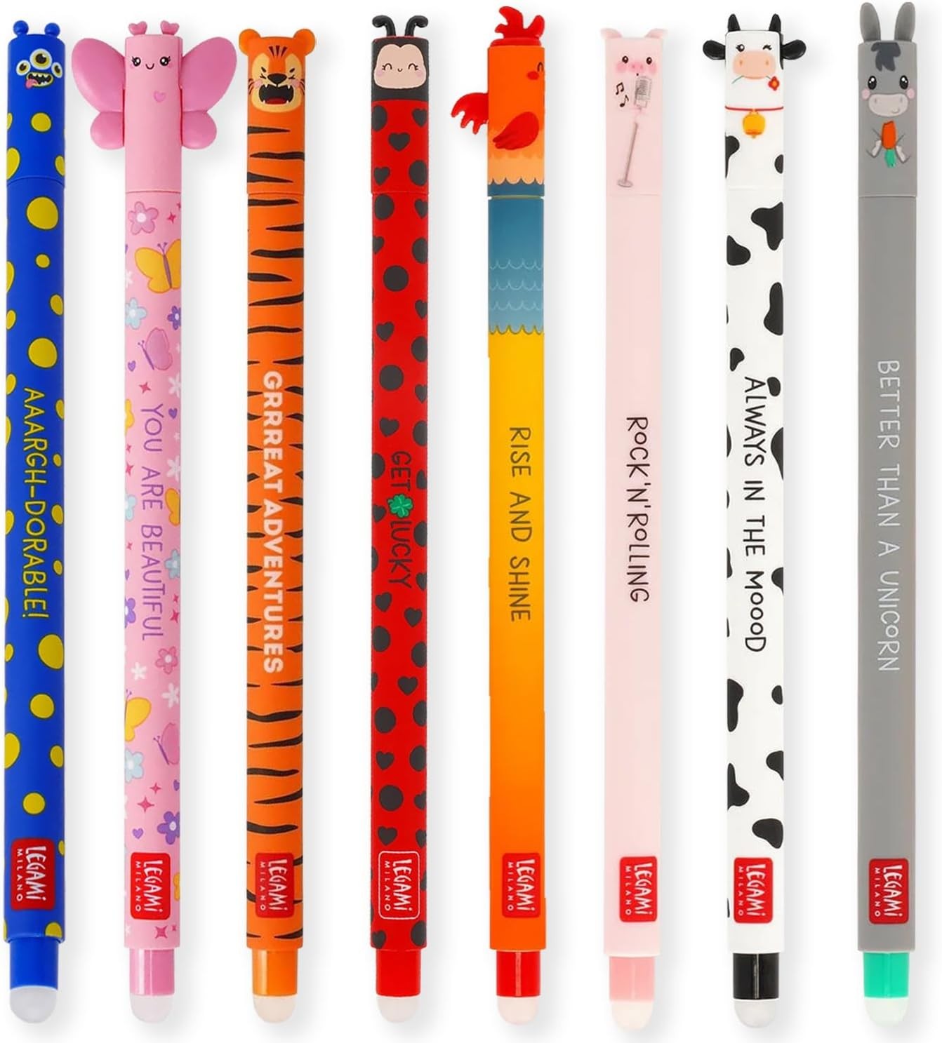 Legami Set of 8 Erasable Gel Pens, 0.7mm Tip, Ladybug, Monster, Tiger, Butterfly and Farmyard