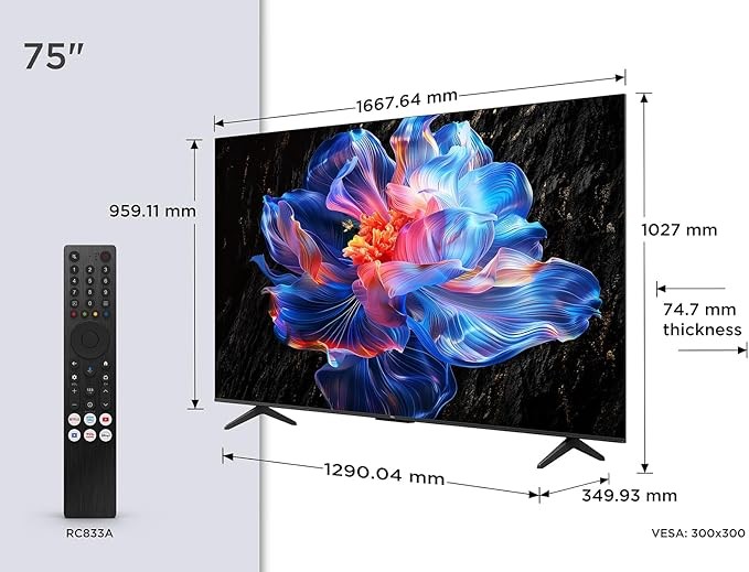 TCL 75V6C-UK 75" 4K Ultra HD, HDR TV, Smart TV Powered by Google TV, Dolby Audio, Voice Control, compatible with Google assistant, Chromecast built-in, 2025 New Model