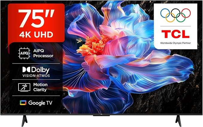 TCL 75V6C-UK 75" 4K Ultra HD, HDR TV, Smart TV Powered by Google TV, Dolby Audio, Voice Control, compatible with Google assistant, Chromecast built-in, 2025 New Model