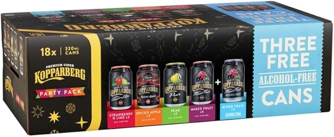 Kopparberg 18x330ml Party Pack of Premium Cider, 3x Strawberry & Lime, 3x Spiced Apple, 3x Pear, 6x Mixed Fruit, 3x alcohol free Mixed Fruit 330ml cans, Amazon.co.uk