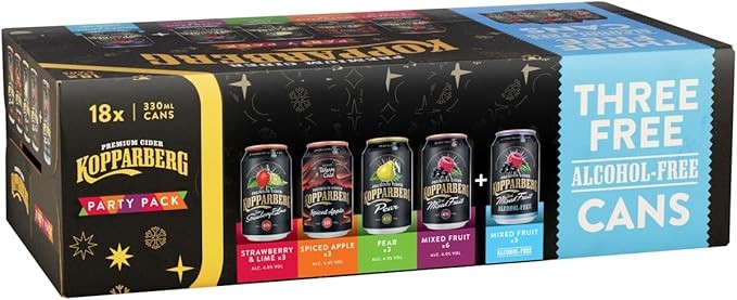 Kopparberg 18x330ml Party Pack of Premium Cider, 3x Strawberry & Lime, 3x Spiced Apple, 3x Pear, 6x Mixed Fruit, 3x alcohol free Mixed Fruit 330ml cans, Amazon.co.uk