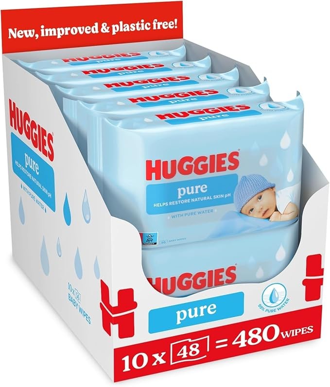 Huggies Pure Plastic Free Baby Wipes, Pack of 10, 480 Wipes, 99% Water, Fragrance Free, Hypoallergenic