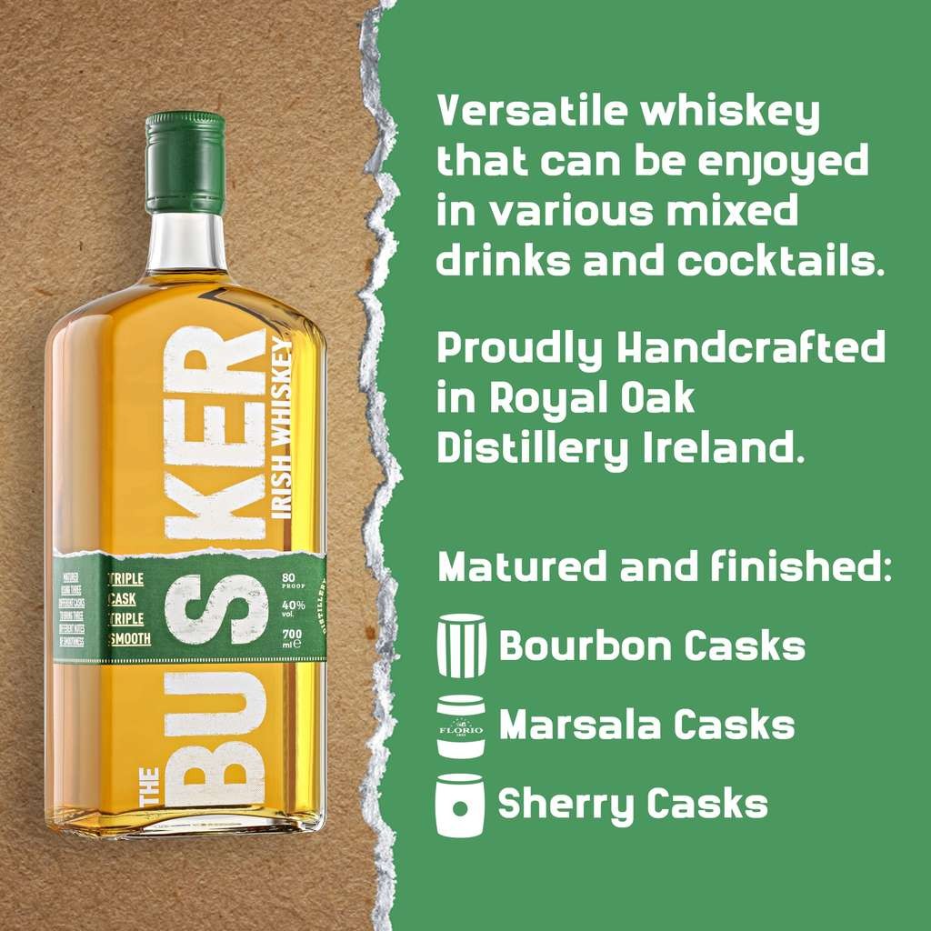 The Busker Blend Triple Cask Triple Smooth Irish Whiskey, 70cl, 40% vol, Gluten Free