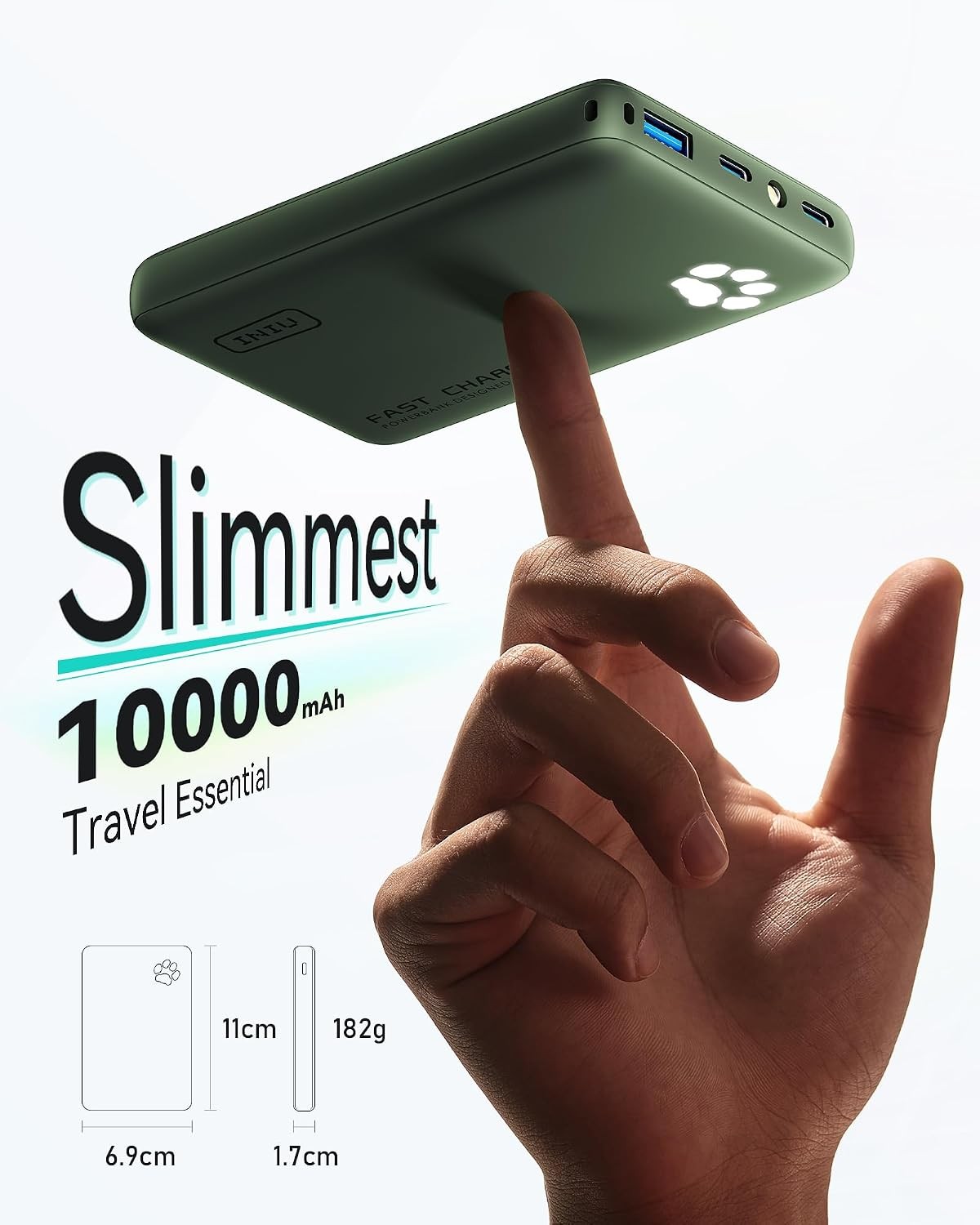 INIU 45W Fast Charging Power Bank, 10000mAh Portable Charger, USB C Cable, Green
