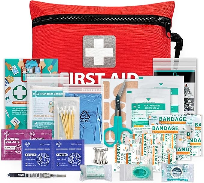 General Medi Mini First Aid Kit, 92 Pieces, includes Emergency Foil Blanket, Scissors, Red