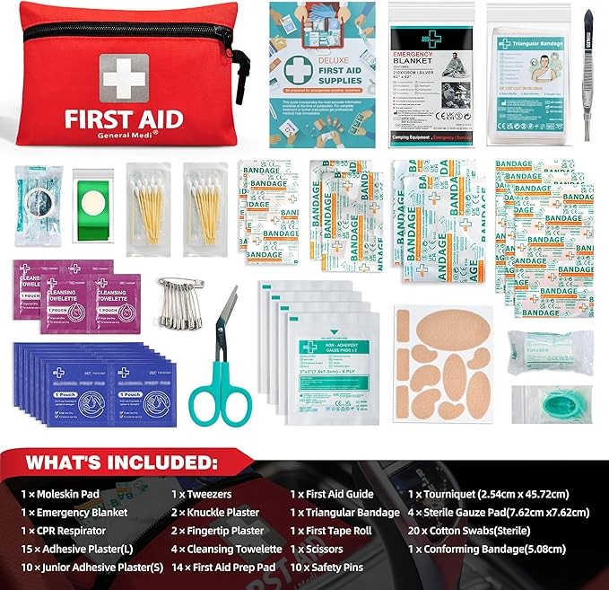 General Medi Mini First Aid Kit, 92 Pieces, includes Emergency Foil Blanket, Scissors, Red