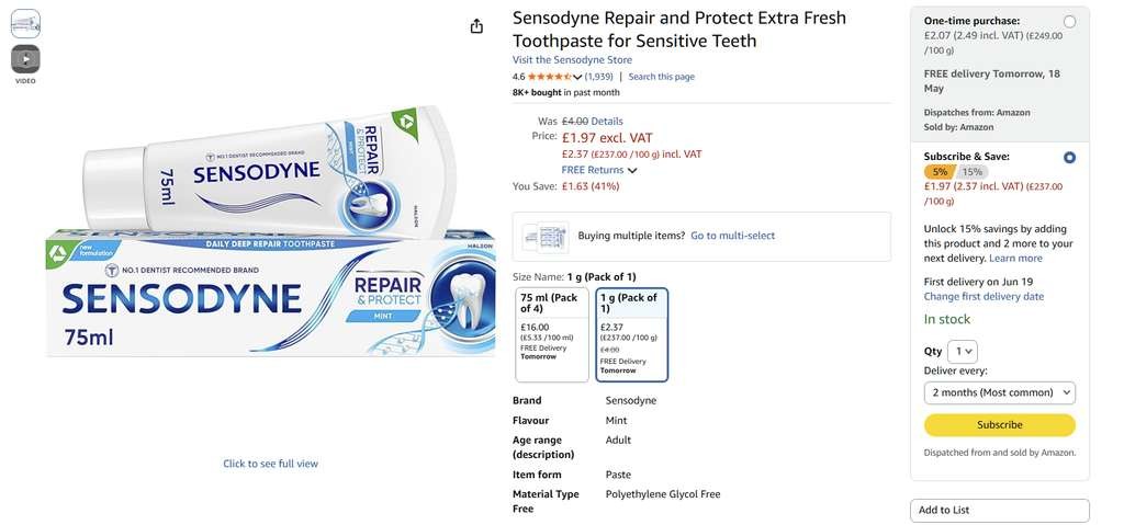 Sensodyne Repair & Protect Extra Fresh S&S £2.37 / £2.12 Amazon Business Only