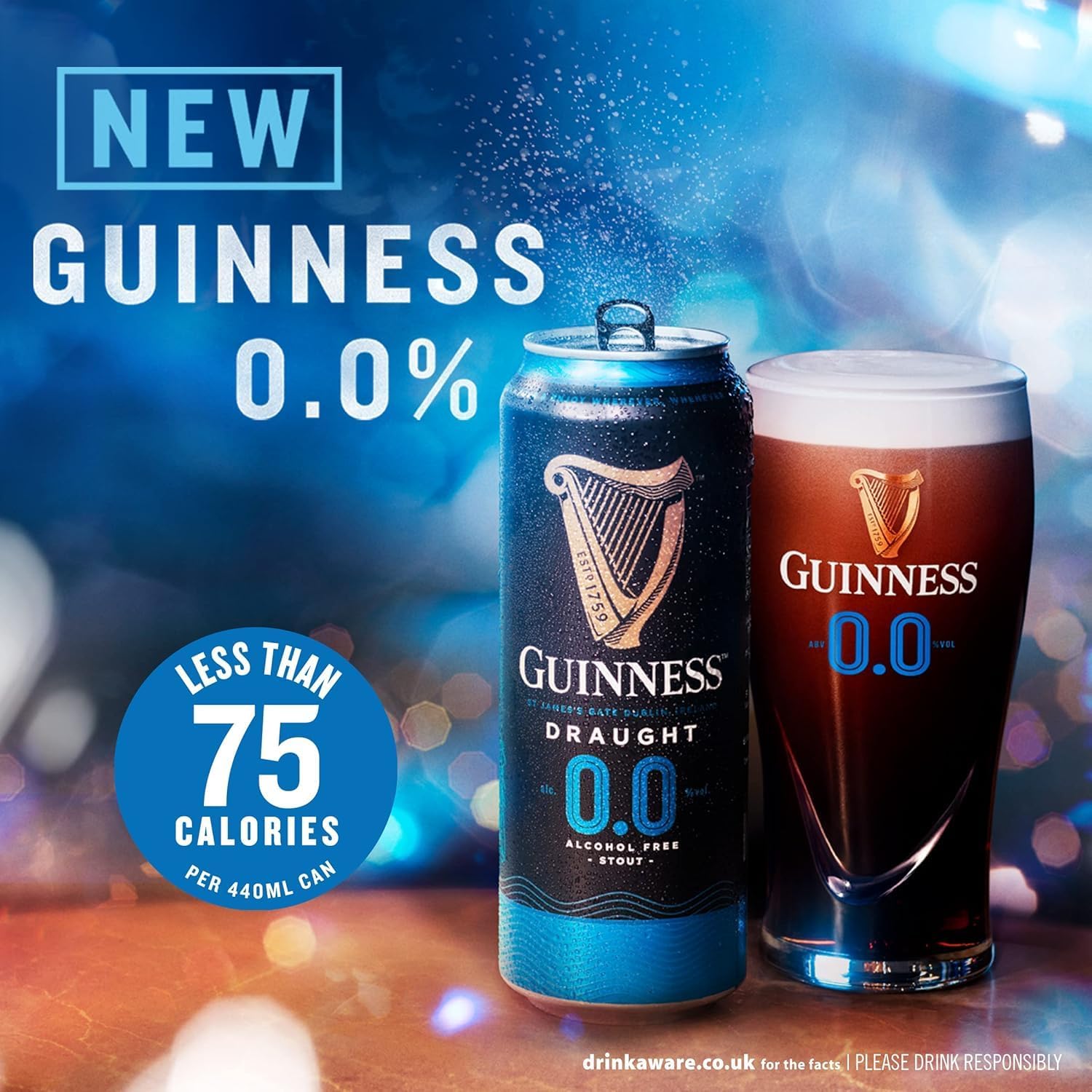 Guinness Draught 0.0 Alcohol Free Stout | 0% vol | 24 x 440ml | Official Beer of the Premier League | Notes of Sweet Malt & Hop Bitterness | Dark Ruby Red Beer | Hints of Chocolate & Coffee
