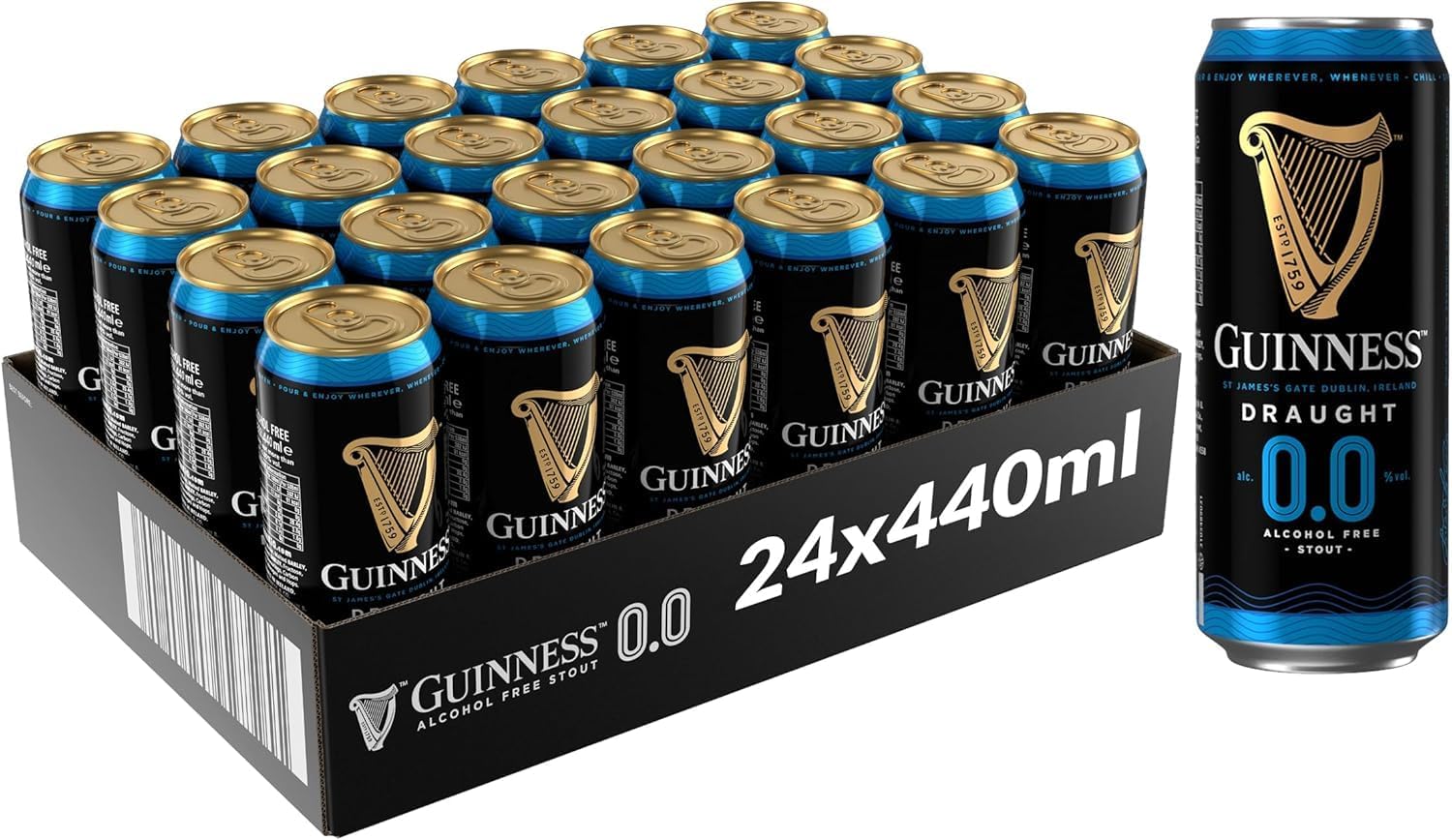 Guinness Draught 0.0 Alcohol Free Stout | 0% vol | 24 x 440ml | Official Beer of the Premier League | Notes of Sweet Malt & Hop Bitterness | Dark Ruby Red Beer | Hints of Chocolate & Coffee