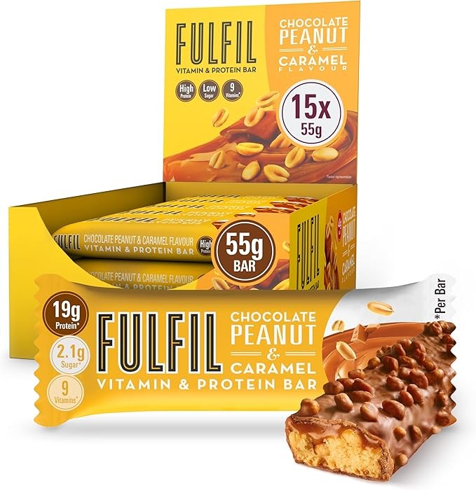 FULFIL Protein Bars, Chocolate Peanut & Caramel Flavour, 15 x 55g, Up to 20g High Protein Snacks, 9 Vitamins, Low Sugar