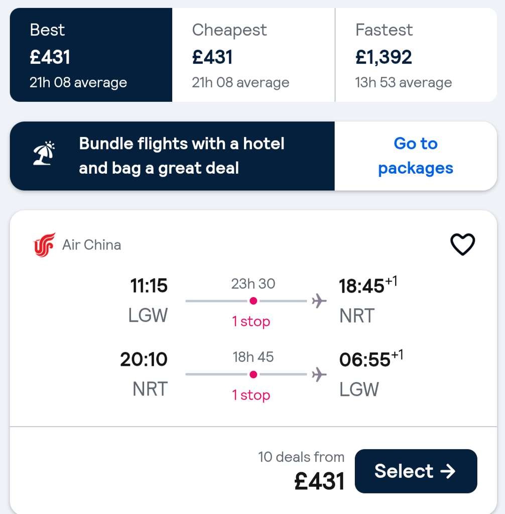 London Gatwick to Tokyo, Japan round trip via Shanghai including checked bag, September to October dates