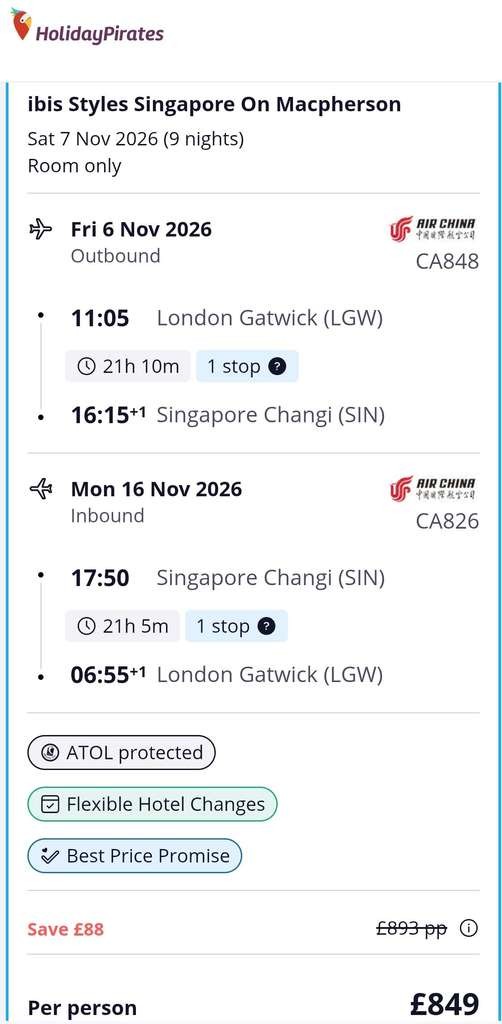 £849pp: 9 nights 3* Ibis Styles Macpherson, Gatwick-Singapore, for 2, 20kg (6-16 Nov)