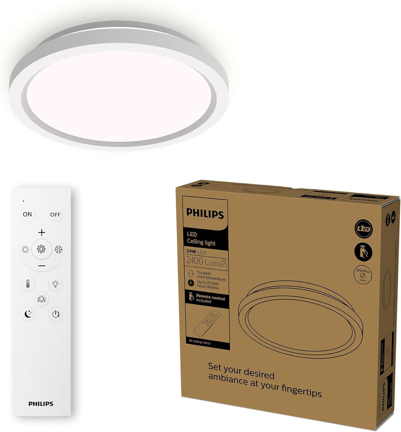 Philips LED Remote Control Ceiling Light, Round, 30 cm, Dimmable, Tunable White Light, Living Room, Bedroom, No Flicker or Glare, Modern Design, White [Energy Class F]