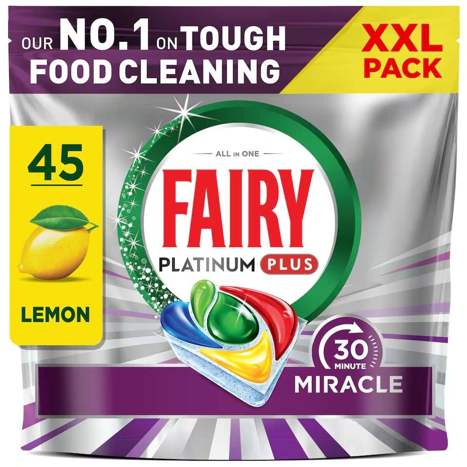 Fairy Platinum Plus 30 Min Miracle Lemon 45 tabs (741g) with Clubcard & coupon, selected accounts, instore