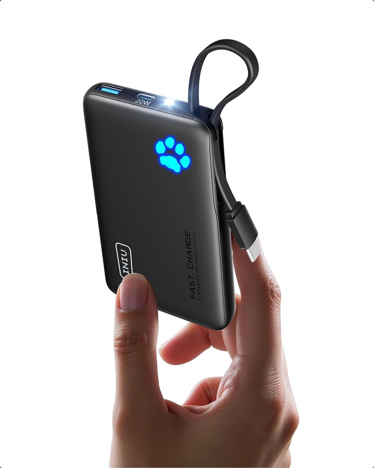 INIU 10000mAh 20W Fast Charging Power Bank with USB C Cable and Flashlight