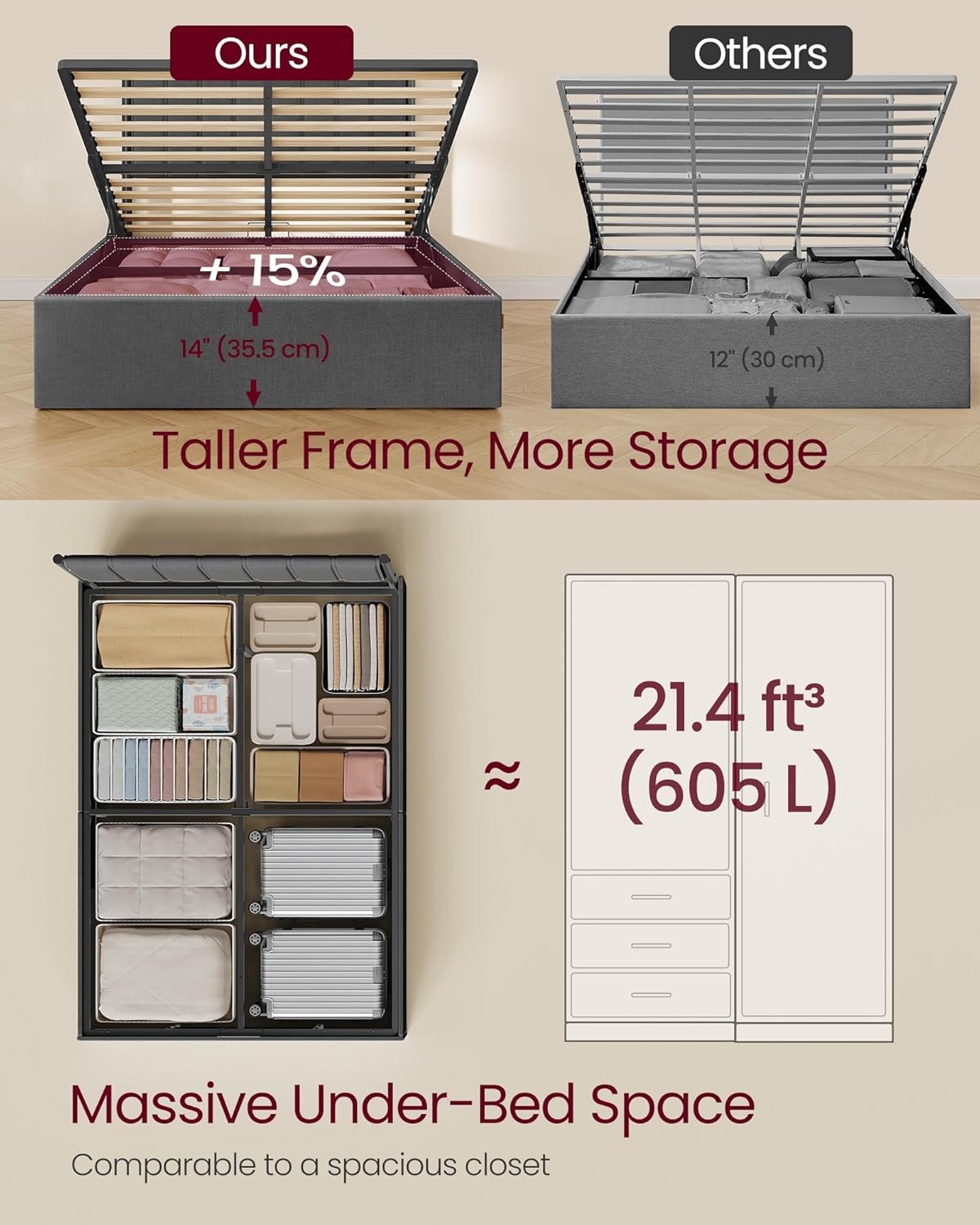 Vasagle Double Bed Frame, 135 x 190 cm, Ottoman Bed with Lift-Up Storage, Slate Grey