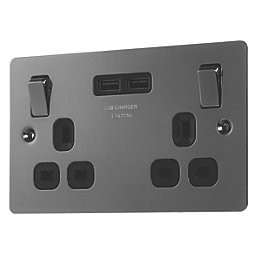LAP 13A 2-Gang SP Switched Socket + 3.1A 15.5W 2-Outlet Type A USB Charger, Black Nickel with Black Inserts