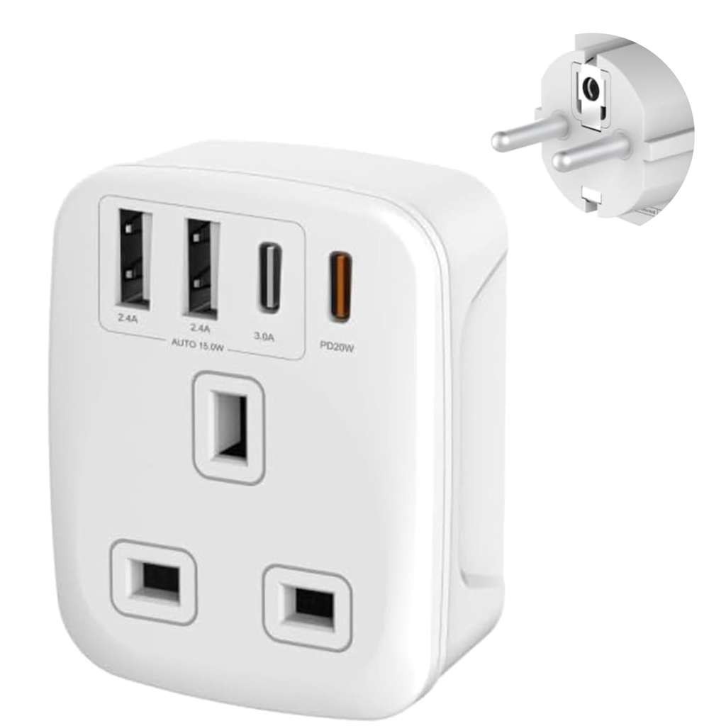 Double Dragon 20W Fast Charging 5-in-1 UK to EU Travel Adapter with 2 USB-A and 2 USB-C