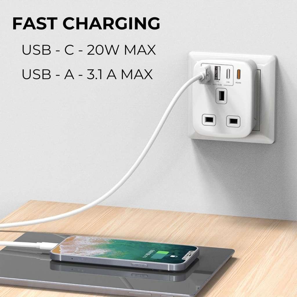 Double Dragon 20W Fast Charging 5-in-1 UK to EU Travel Adapter with 2 USB-A and 2 USB-C