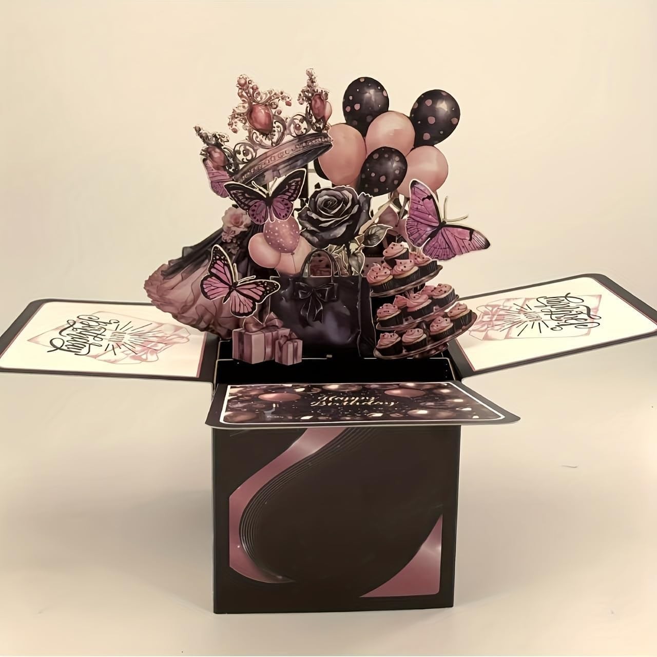 3D Pop Up Birthday Card Box Set with Balloons Cake Champagne, Envelopes and Notes