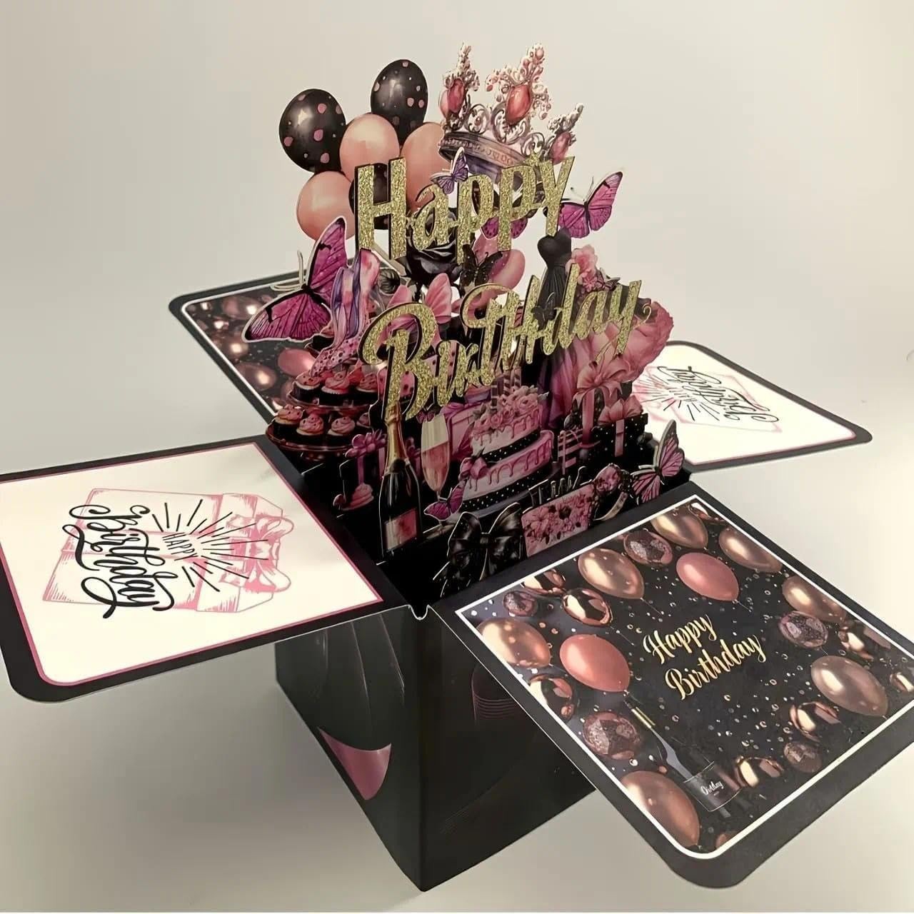 3D Pop Up Birthday Card Box Set with Balloons Cake Champagne, Envelopes and Notes